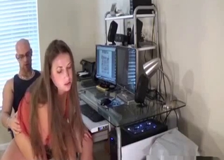Long-haired babe rides her brother dick in the studio